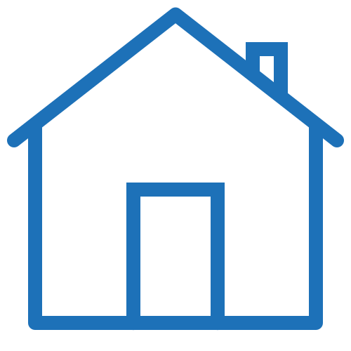 Outline of a house with a pitched roof, chimney, and a central door.