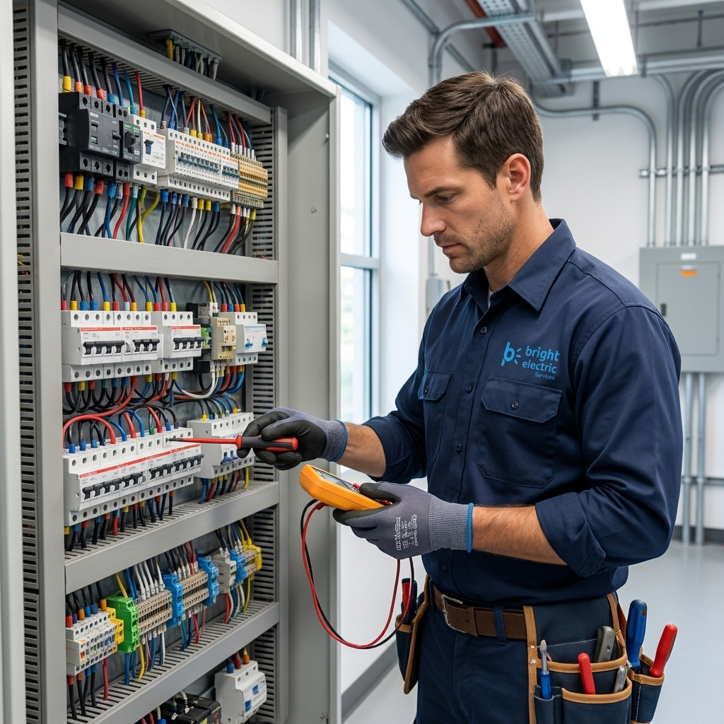 A male electrician inspecting and working on an electrical control panel with a multimeter and screwdriver in a well-lit room.