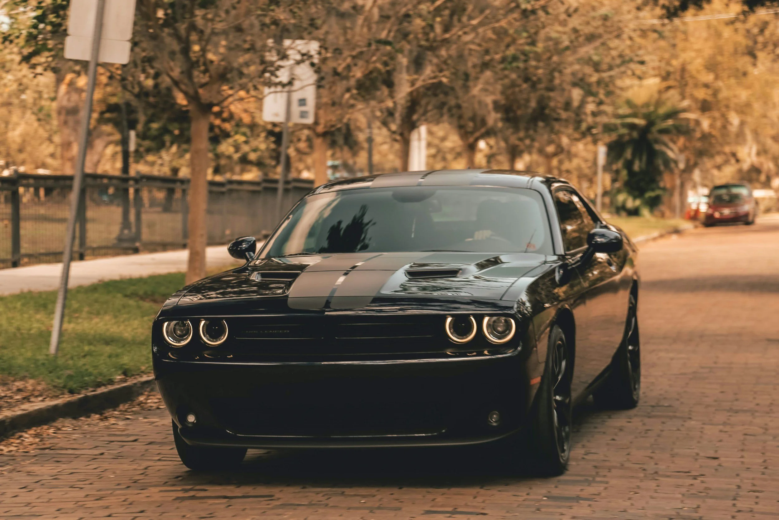 Black sports car driving on a brick-paved street framed by trees and a fence in the background during daylight hours.