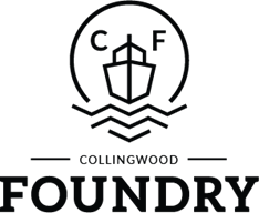 Logo for Coullingwood Foundry featuring a stylized anchor, waves, and the initials 'C' and 'F'.