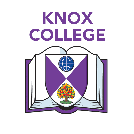 Knox College logo featuring an open book, a shield with a globe and a tree symbol, and the college name in purple text.