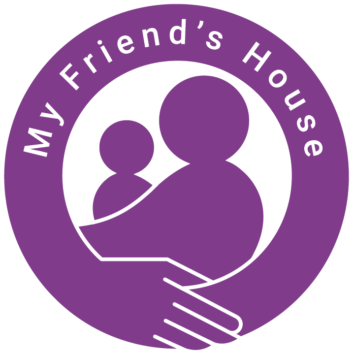 Purple circular logo with a white background featuring the silhouette of two people, one adult and one child, and the text 'My Friend's House' around the top edge.
