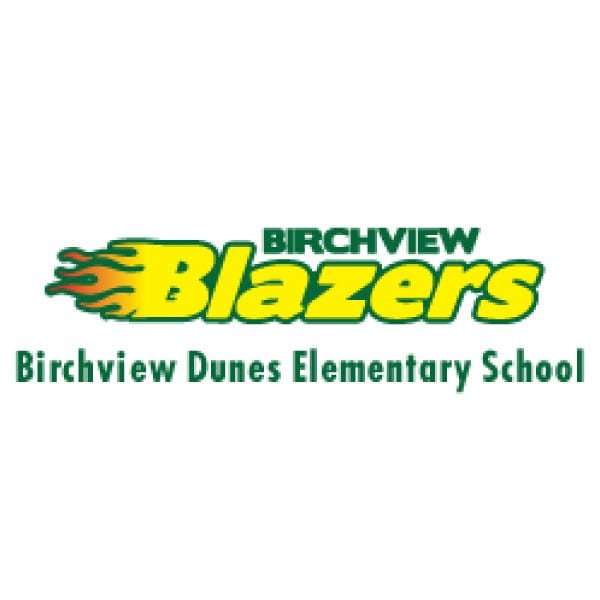 Birchview Blazers logo with a fiery flame design and text for Birchview Dunes Elementary School.