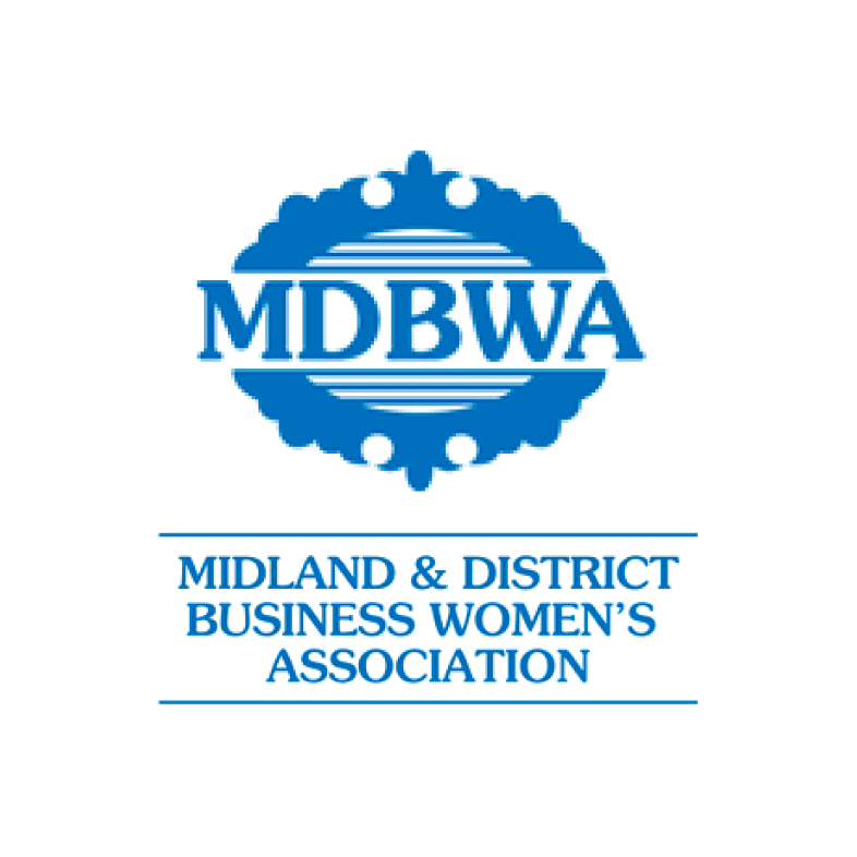 Logo for Midlands & District Business Women's Association, featuring a blue decorative emblem with the initials 'MDBWA' and the organization name below.