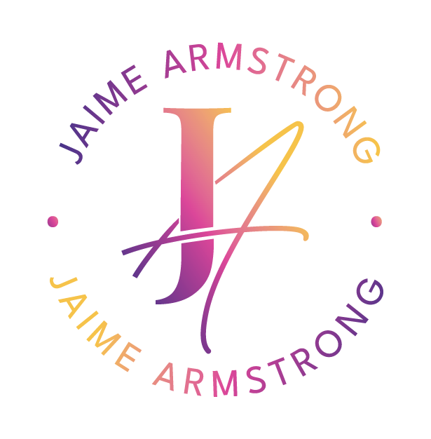 An abstract, colorful 3D geometric shape with gradient shades of pink, purple, yellow, and orange that have initials JA in the centre and a ring around on top and bottom that says Jaime Armstrong.