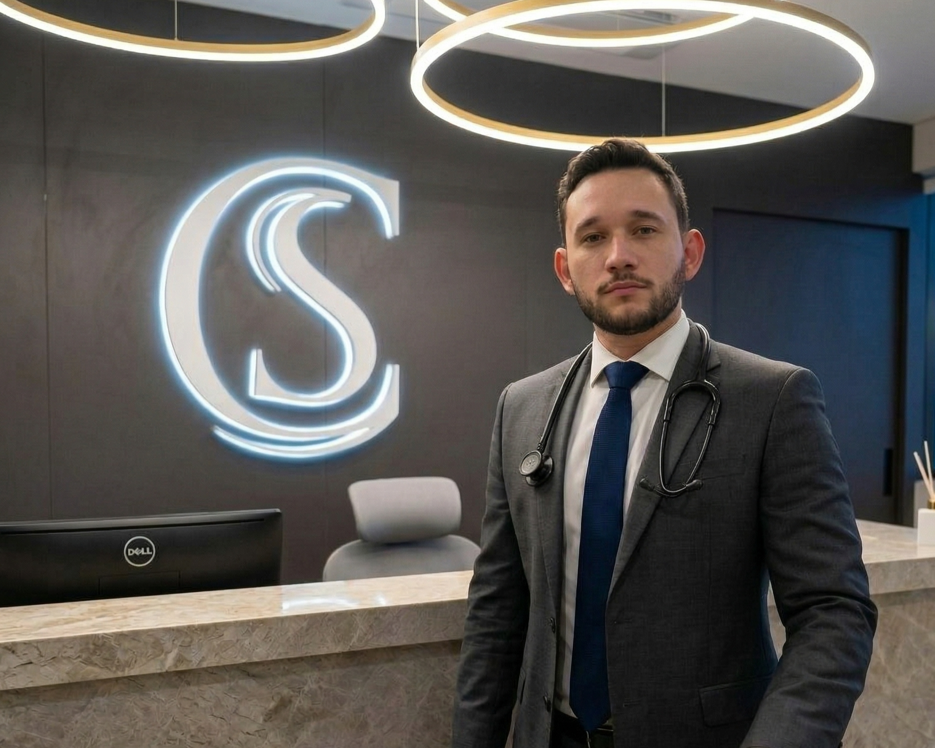 Homem com estetoscópio ao pescoço, vestindo terno, de pé em frente ao balcão de recepção de um consultório ou hospital, com uma placa de neon com um símbolo de 'S' ao fundo.