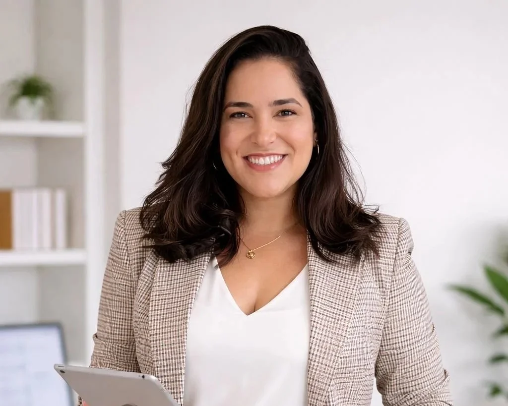 Mulher sorridente segurando um tablet, vestindo blazer xadrez e blusa branca, em ambiente interno com estantes e plantas ao fundo.