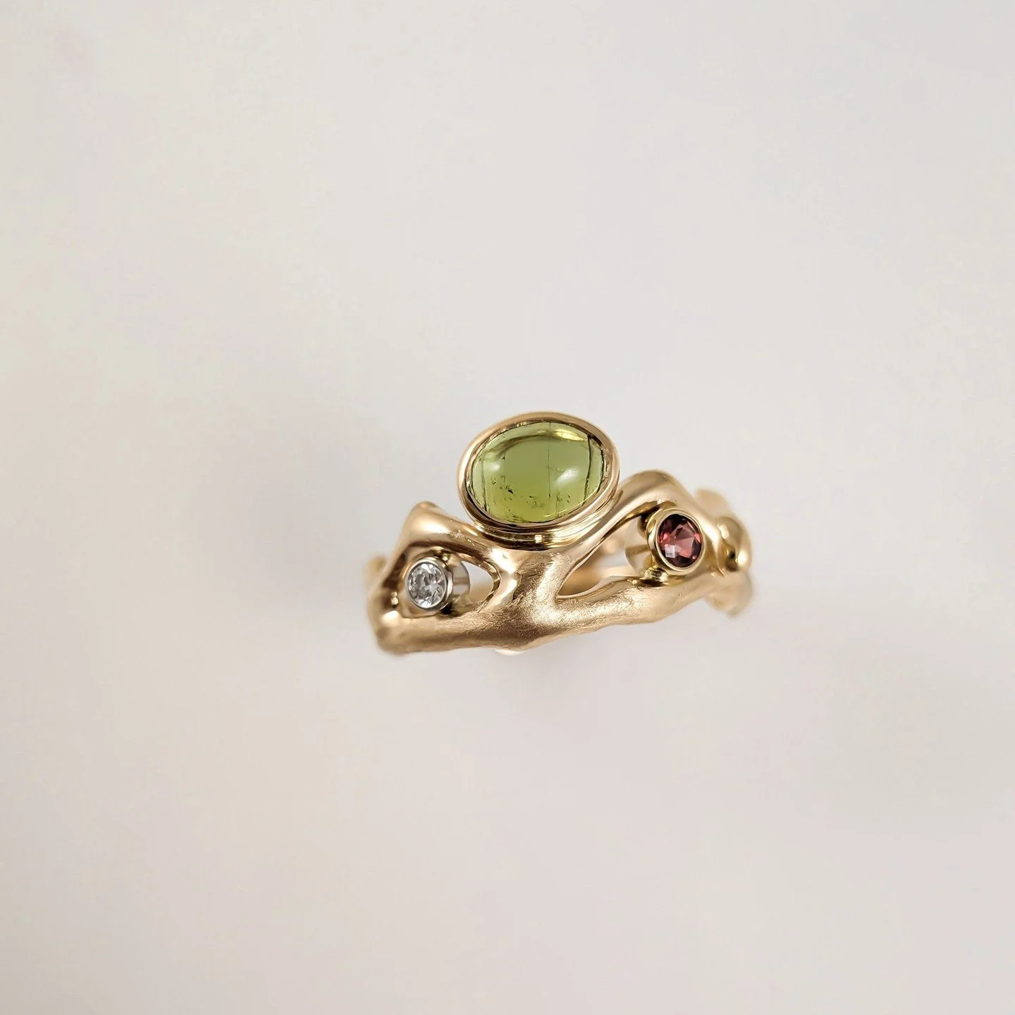 New "Interwoven" Ring design by Bill Wismar. 14k, tourmaline, garnet, 0.05ct diamond.