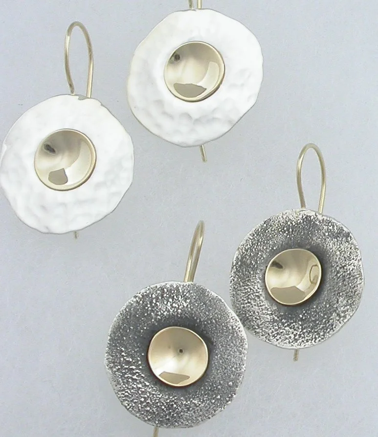 Modern textured earrings with sterling silver, oxidized sterling silver and gold. Earrings by Bill Wismar.