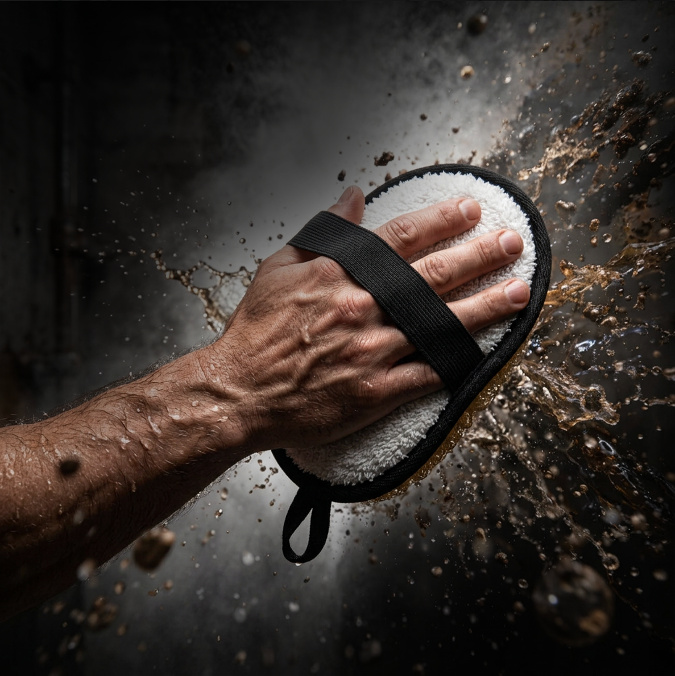 A person’s hand cleaning a dirty surface with a cloth or sponge, causing splashes and mess.