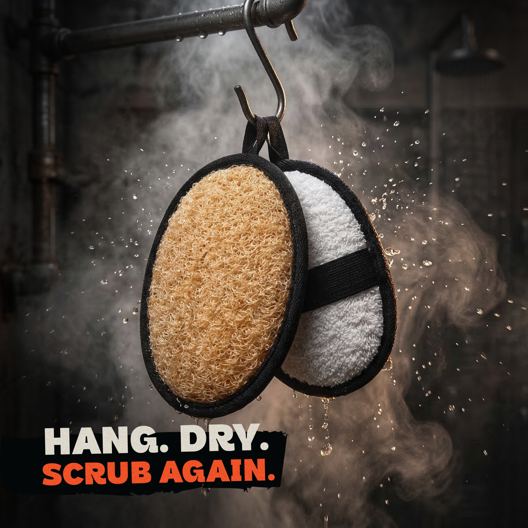 Two scrubbing pads hanging from a hook, with water droplets and steam around them. The image has text that says "HANG. DRY. SCRUB AGAIN."