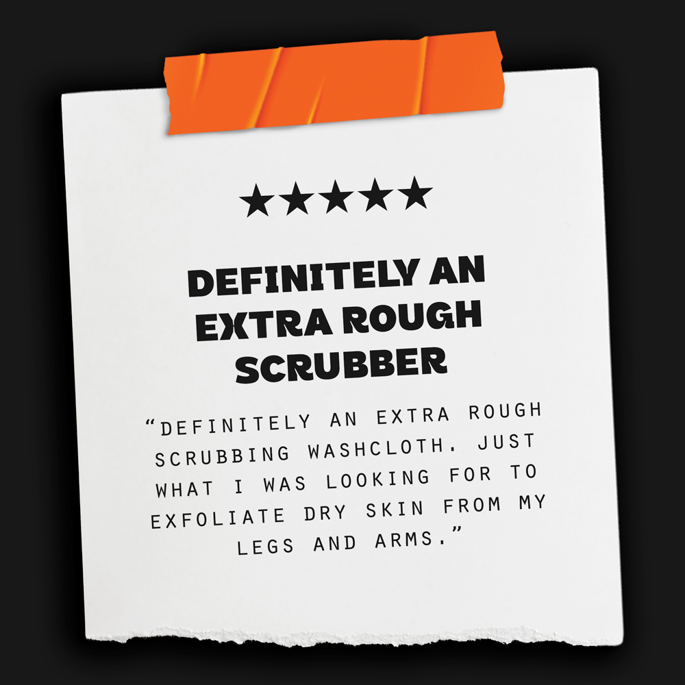 Poster with five-star rating, title "Definitely an Extra Rough Scrubber," and a description about scrubbing washcloths for exfoliating dry skin.