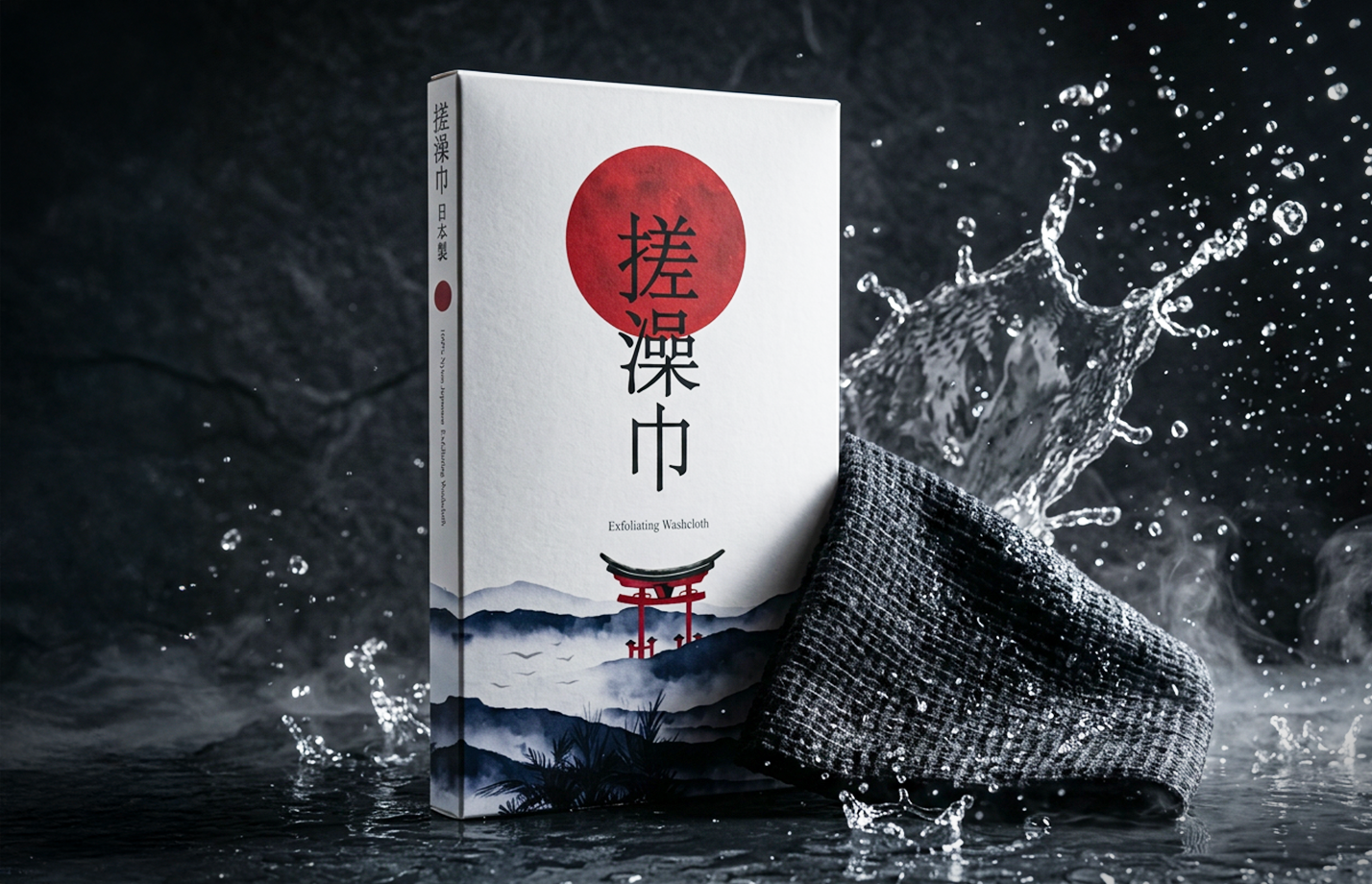 A box of exfoliating washcloth with Japanese writing and a red circle, set against a dark background with splashing water and a wet washcloth.