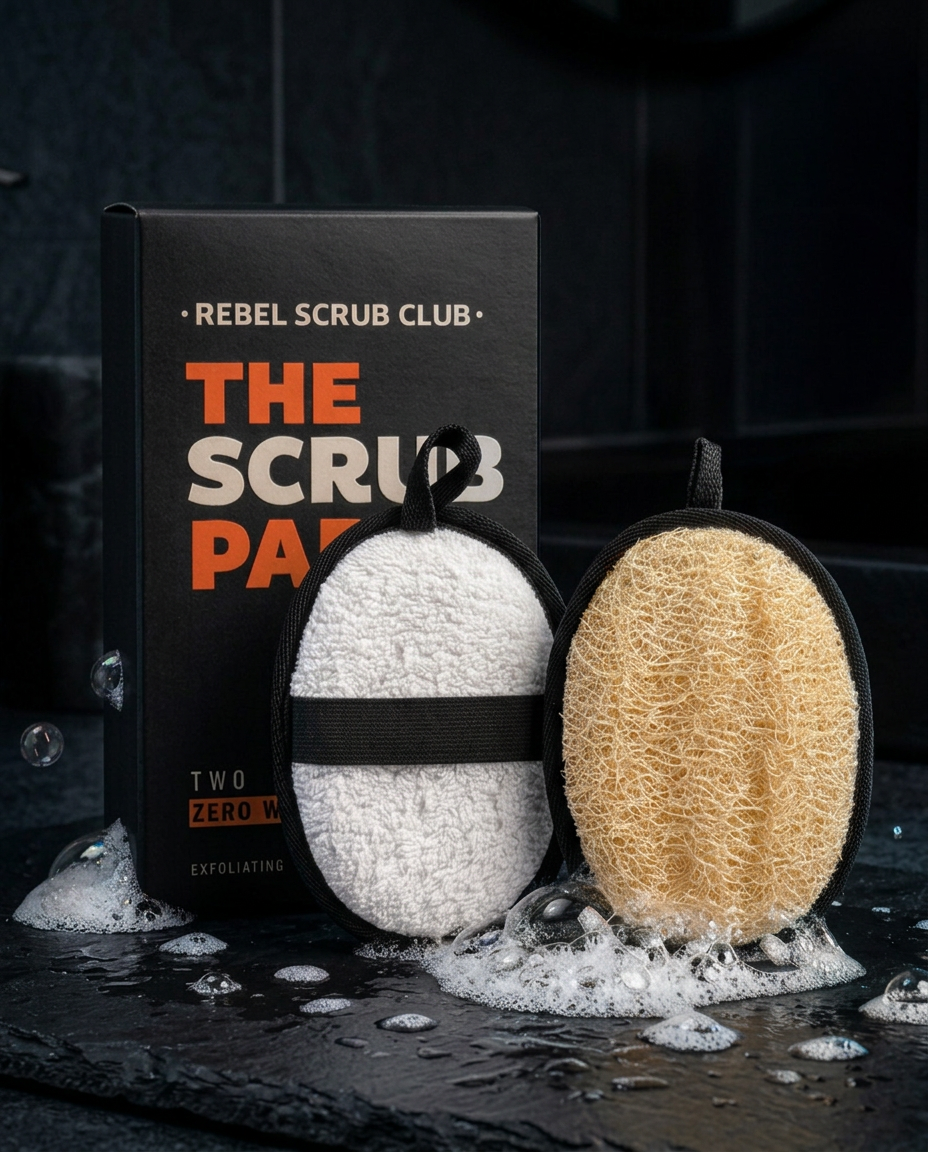 Two exfoliating bath sponges, one white and one beige, with bubbly soap suds, are displayed in front of a black box labeled 'The Scrub Pack' from Rebel Scrub Club, on a wet black surface.