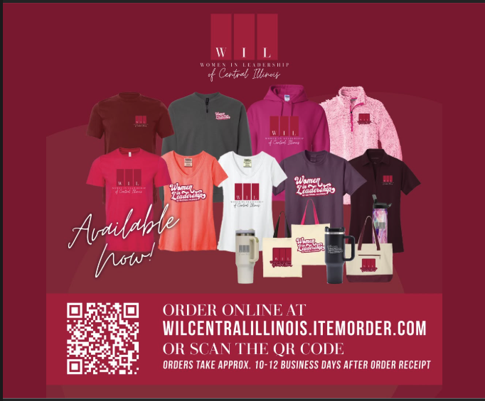 Promotional image for Women in Leadership of Central Illinois, featuring T-shirts, hoodies, tote bags, and mugs with the organization's logo, with a QR code and website for online orders.