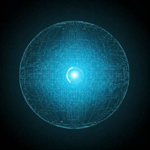 Digital rendering of a glowing blue holographic globe with a grid pattern, set against a dark background.