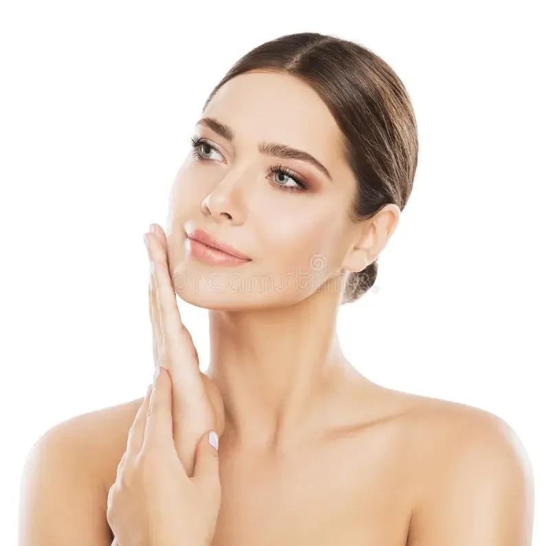 Close-up of a woman with clear skin touching her cheek thoughtfully against a white background.