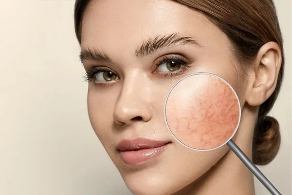 A woman with clear skin looking at the camera, with a magnifying glass showing red, irritated skin on her cheek.