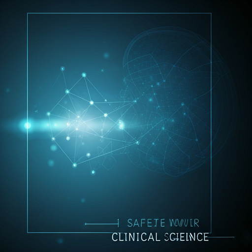 Abstract digital graphic with connected nodes and lines, representing data and technology in clinical science, with a glowing blue color theme.
