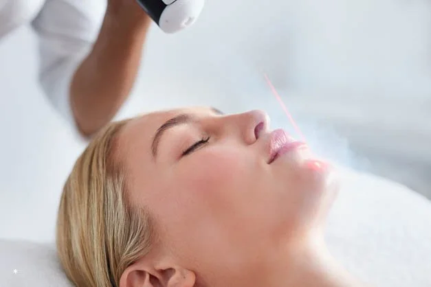 A woman lying down with her eyes closed, receiving a laser skin treatment on her face in a clinical setting.