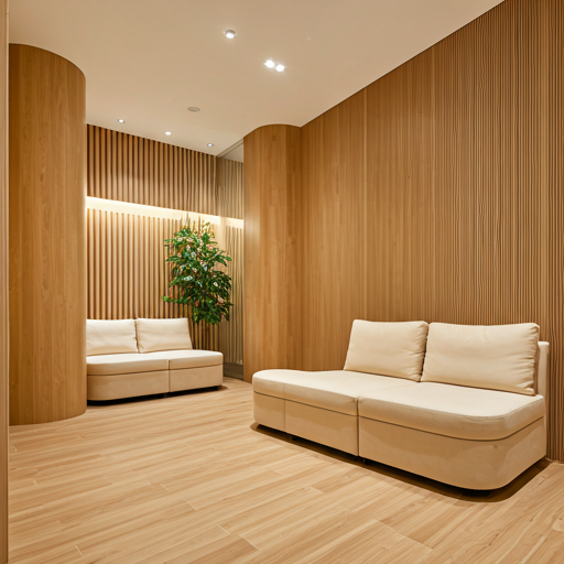 Modern interior room with wood-paneled walls, two beige sofas, a large green potted plant, and soft lighting.