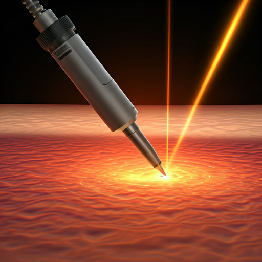 Close-up of a medical syringe injecting a glowing, fiery substance into a textured, reddish-orange surface, with laser beams indicating precision.