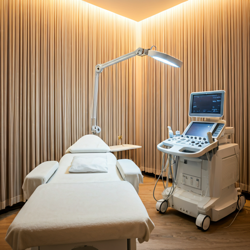 Medical examination room with an exam table, a bright adjustable lamp, and an ultrasound machine on wheels.