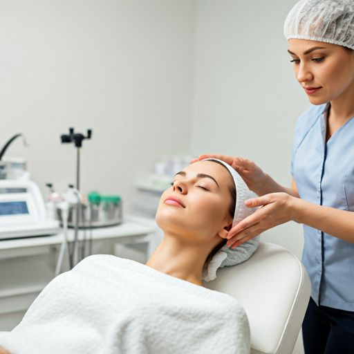 A woman lying on a treatment bed in a medical spa or clinic, receiving a facial treatment from a healthcare professional.