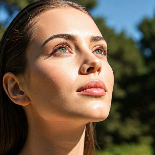 Close-up of a young woman looking up outdoors with sunlight on her face, with trees and a blue sky in the background.