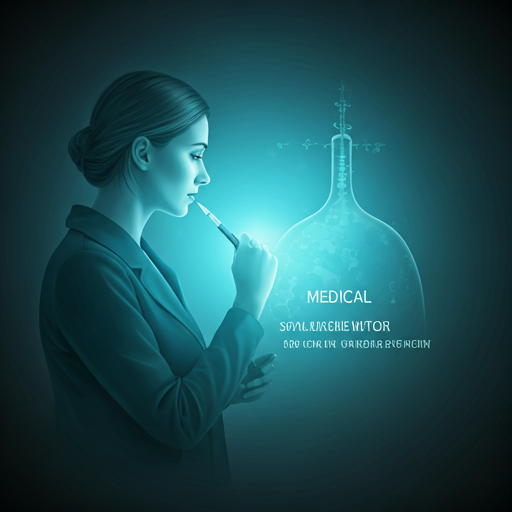 A woman with a ponytail wearing a medical uniform, holding a syringe near her mouth, with a large scientific flask behind her labeled 'Medical' and digital data inside.