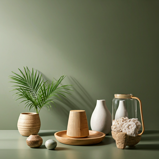 Decorative vases and containers on a green shelf, including a leafy plant in a textured pot, two small rounded vases, and a glass jar with a rope handle, all on a wooden tray.