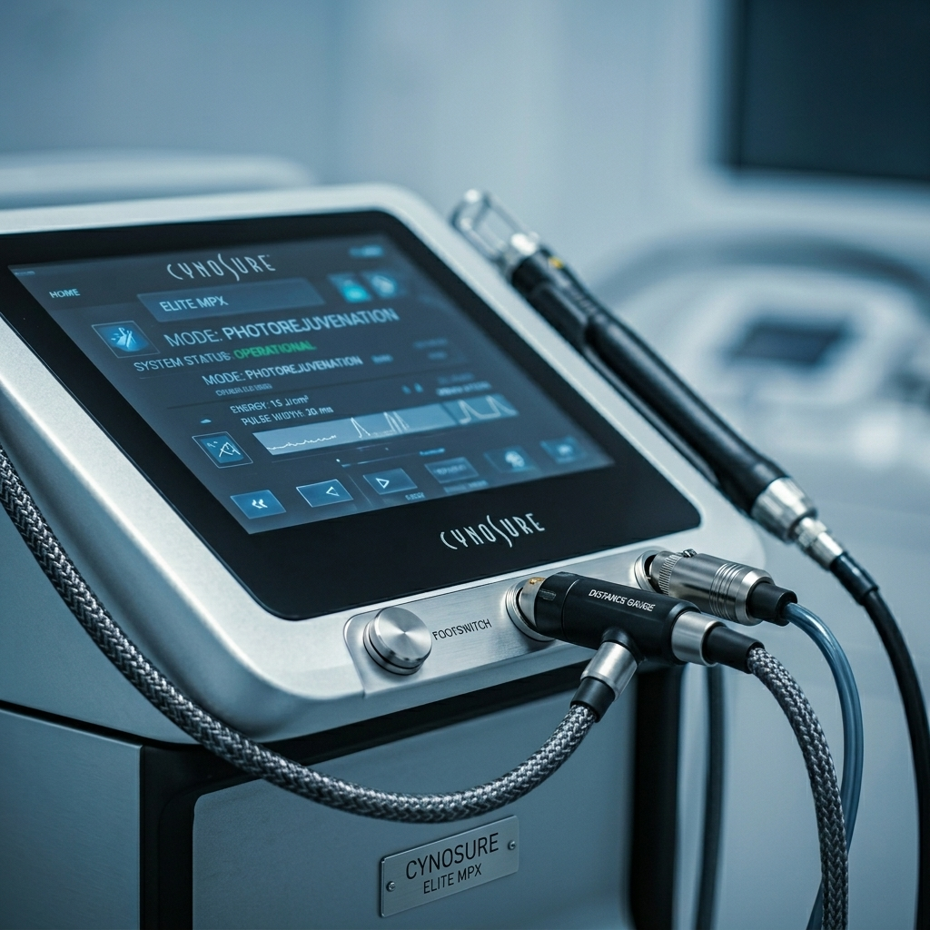 Medical device with a touchscreen displaying settings for photorejuvenation therapy, connected to probes with wires, in a clinical environment.