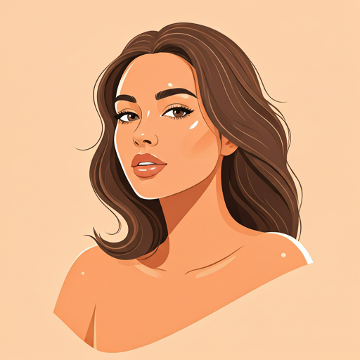 An illustrated portrait of a woman with shoulder-length brown hair, wearing makeup, against a beige background.