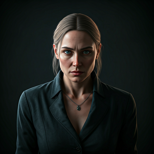 A woman with blonde hair tied back, wearing a dark collared shirt and a necklace, looking directly at the camera with a serious expression, against a black background.