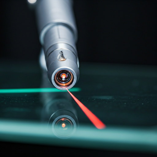 A laser engraving device emitting a red laser beam onto a glass surface.