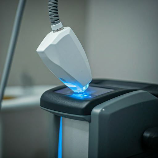 Close-up of a medical or laboratory device with a handheld component emitting blue light, placed on a machine with a black and gray surface.