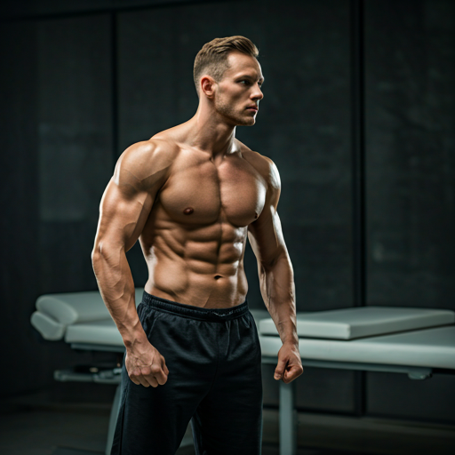 A muscular man with defined abs and chest, shirtless, standing in a gym.