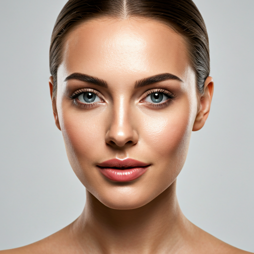 Close-up of a woman with clear skin, blue eyes, and brown hair pulled back, looking directly at the camera.
