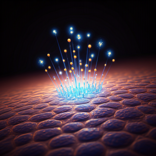 Futuristic scene of glowing fiber-optic strands emerging from a textured surface with sparks of light against a dark background.