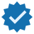 Blue ribbon with a check mark icon indicating approval or certification.