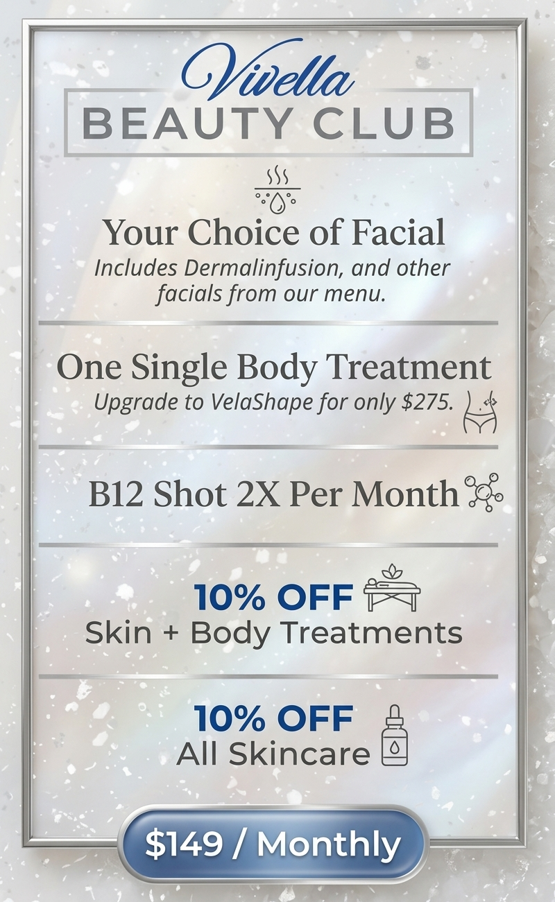 Sign for Vivella Beauty Club outlining facial, body, skincare treatments, discounts, and pricing.