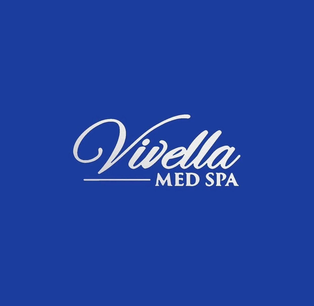 Blue background with white cursive text reading "Vivella Med Spa."