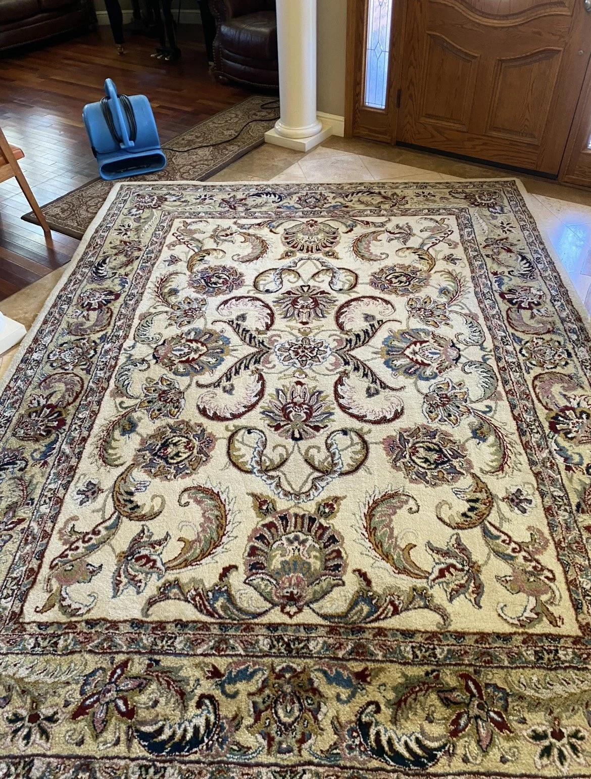 Decorative area rug with floral and vine patterns in beige, burgundy, blue, and green sitting on a hardwood floor near a tiled entryway.