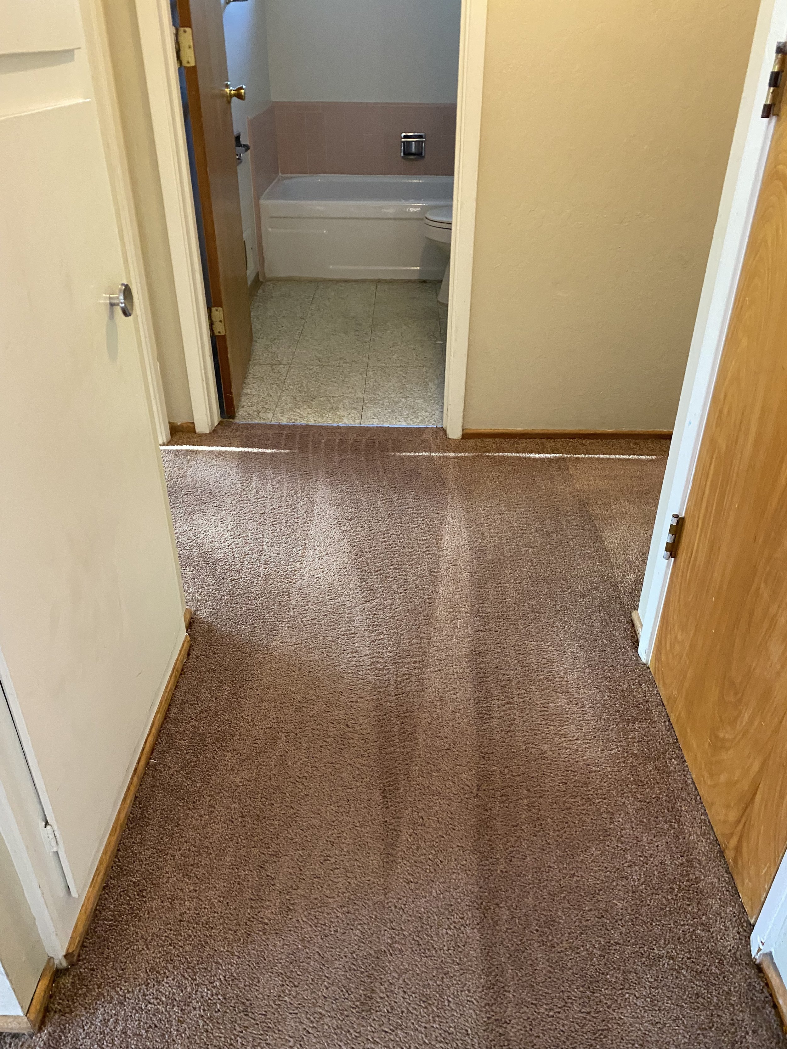 Interior view of a hallway leading to a bathroom with a bathtub, toilet, and beige tiles, and carpeted floors in the hallway.