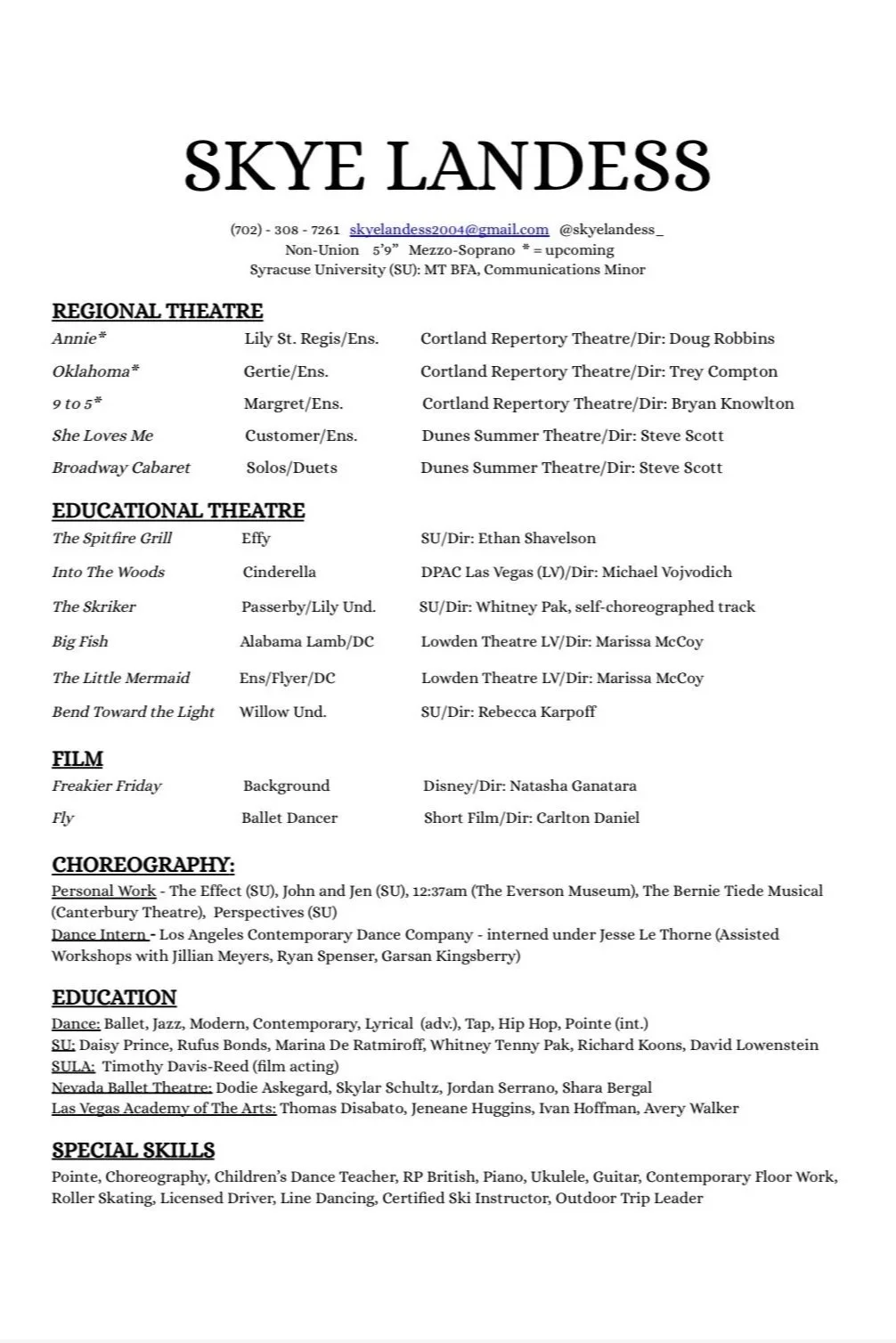 A resume for Skye Landess detailing educational background, theatre performances, film projects, choreography experience, and special skills.