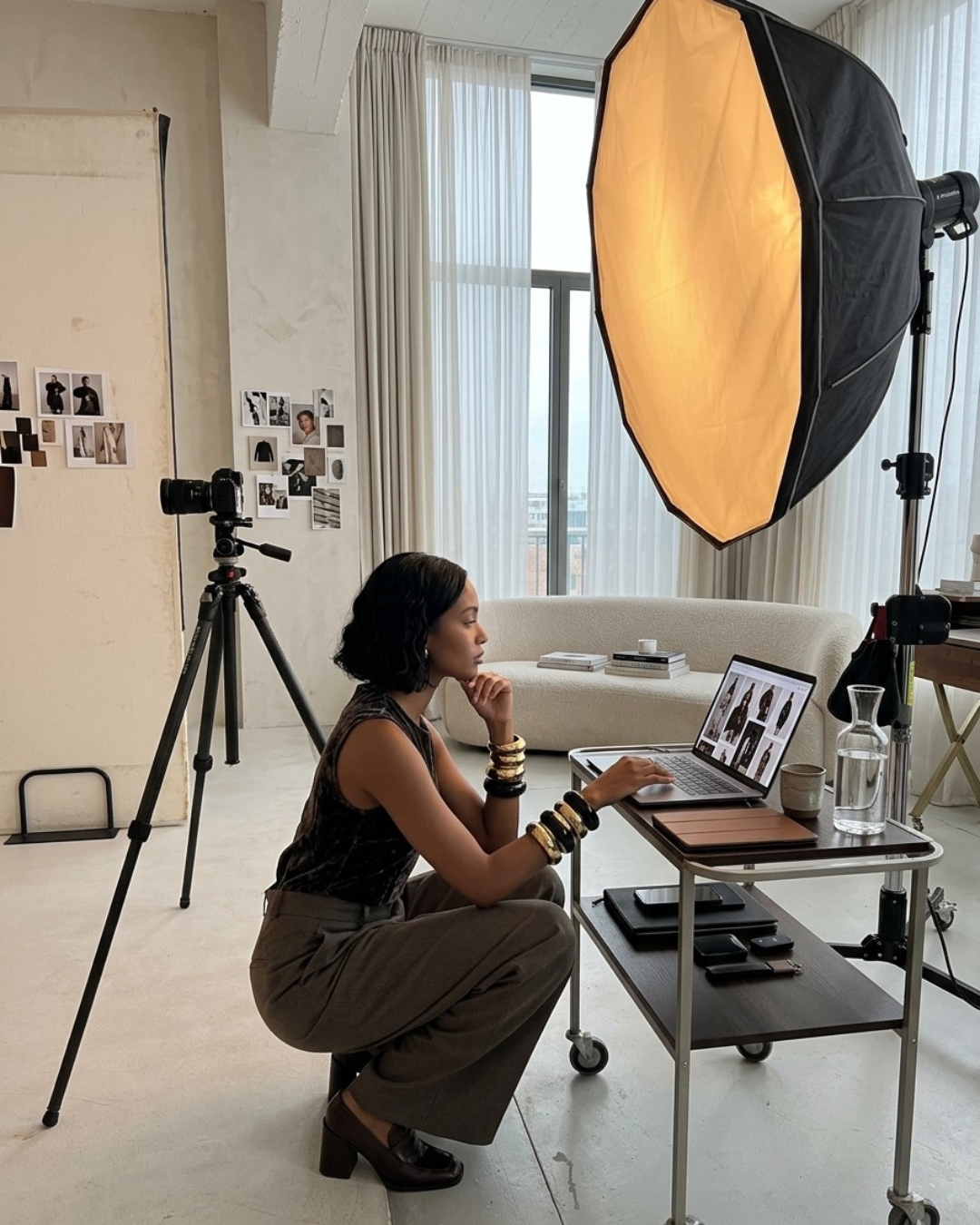 A woman is sitting on the floor in a photography studio, working on a laptop. She is surrounded by photography equipment, including a large octagonal softbox for lighting, a camera on a tripod, and a cart with various items. Behind her, a white couch and wall-mounted photos are visible, with large windows letting in natural light.