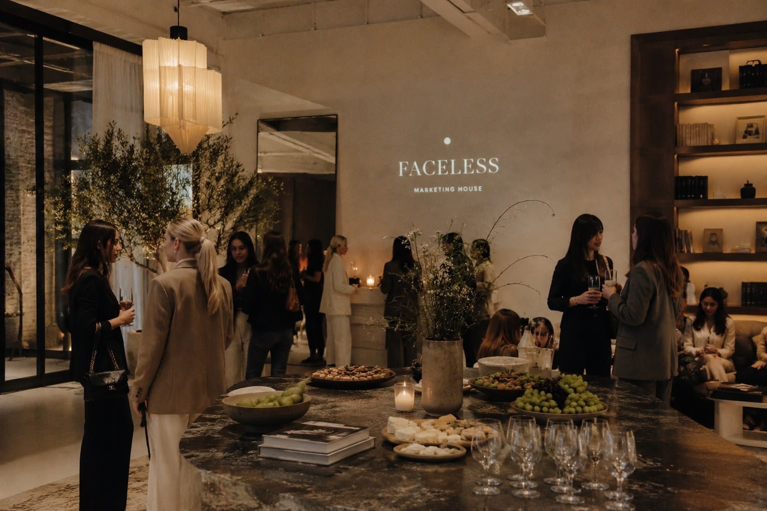 Indoor social gathering at a marketing house event with people socializing, a table with food and drinks, and a wall with the text 'FACELSS MARKETING HOUSE' projected on it.