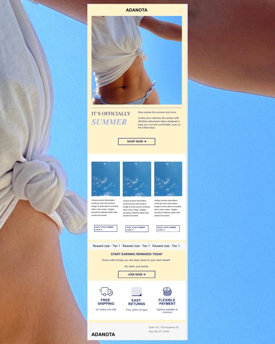 How I'd recreate Adanola's summer collection email.

1. Add butter yellow as the primary background. 

It's still trending but also perfectly complements the light blue of the product images. The two colours work together on a summer-themed email to 
