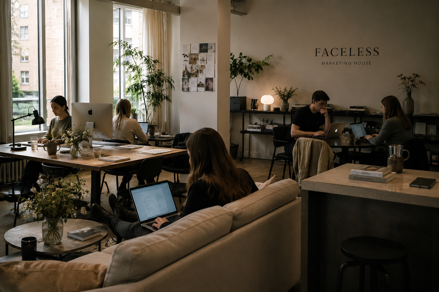 A cozy office space with multiple people working on laptops, some sitting at desks near large windows with natural light, and one person sitting on a beige sofa using a laptop. The room has green plants, books, and decorative items, with a sign on the wall that reads "FACILESS MARKETING HOUSE."