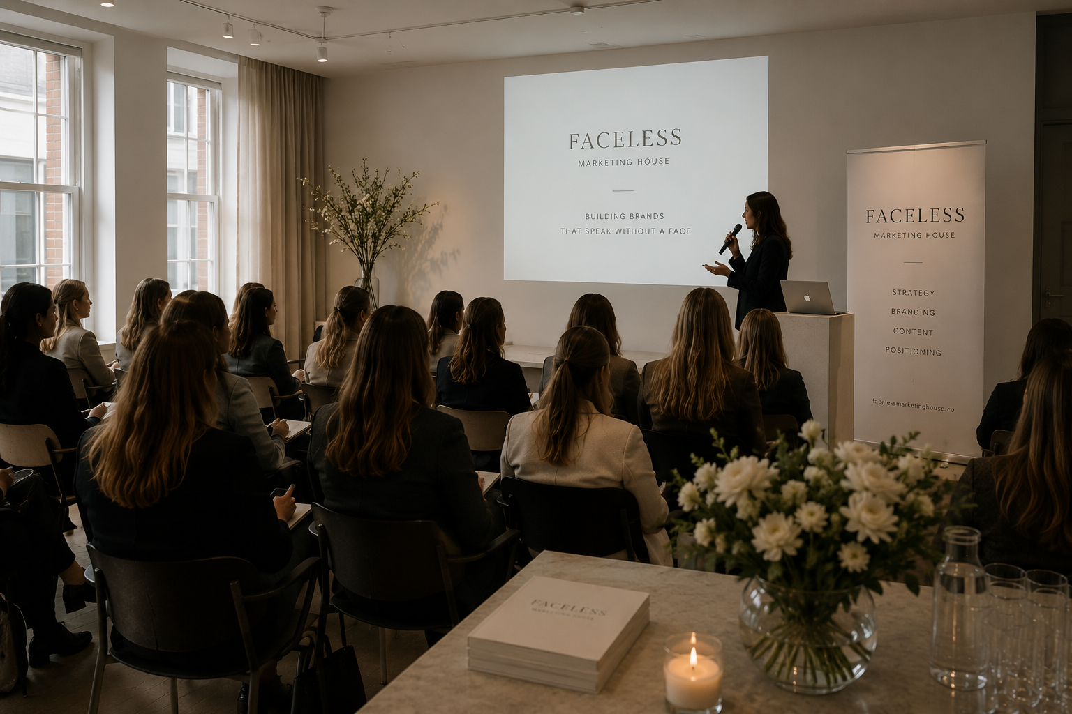 A woman giving a presentation at a marketing workshop titled 'FACLESS' with an audience of women seated facing the presenter; a screen displaying the presentation and a banner with branding details on the right.